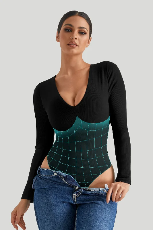 V Neck Tummy Control Bodysuit With Built In Shapewear