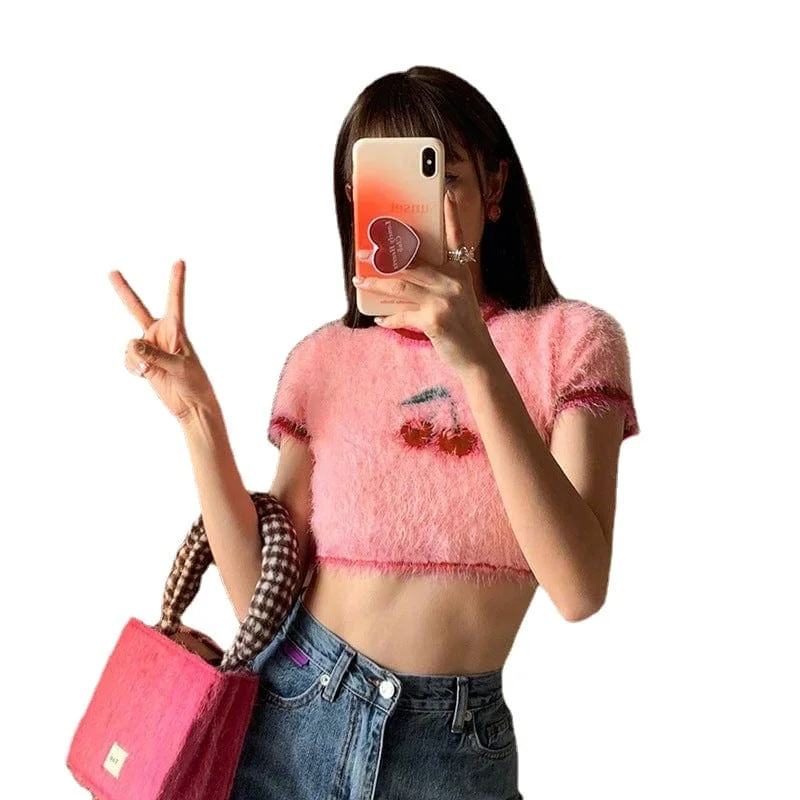 Women's Grunge Cherry Printed Fluffy Crop Top