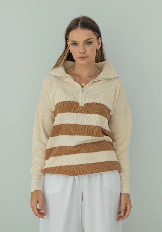 Miann & Co Womens - Maisie Quarter Zip Knitted Jumper - Café au Lait Stripe