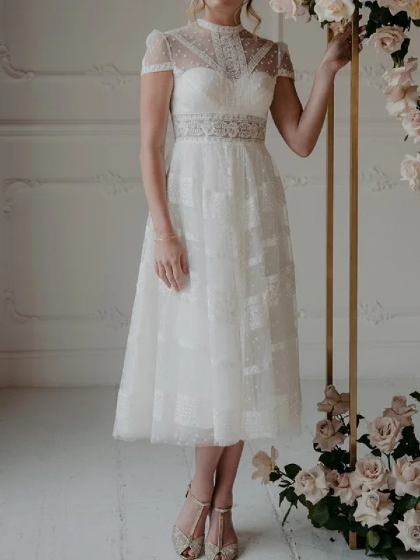 Short Sleeve Midi Wedding Dress A line Lace Ankle Gowns