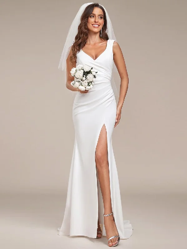 Taya | Ruched Bodycon Deep V-Neck Sleeveless Simple Wedding Dress