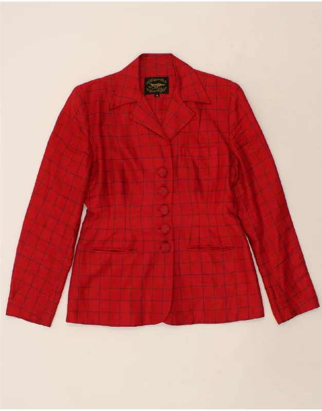 VINTAGE Womens 5 Button Blazer Jacket UK 14 Large Red Check Linen