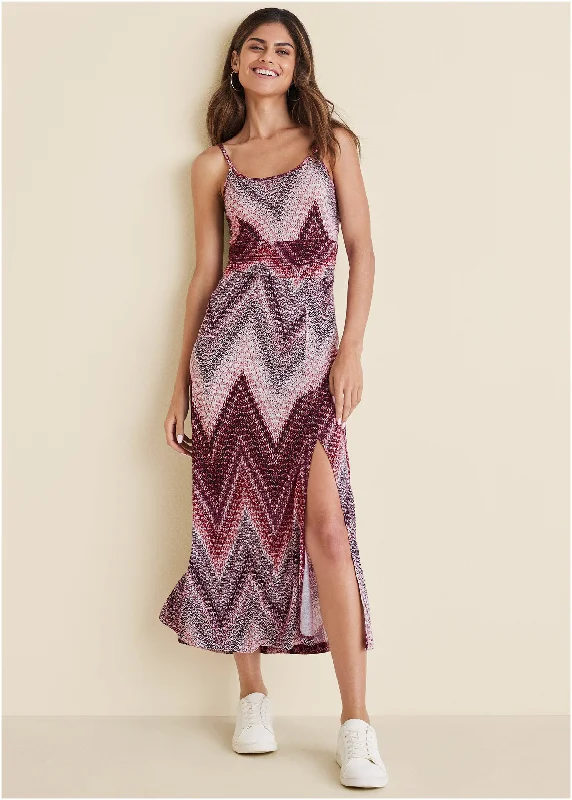 Gathered Waist Maxi Dress - Burgundy Multi