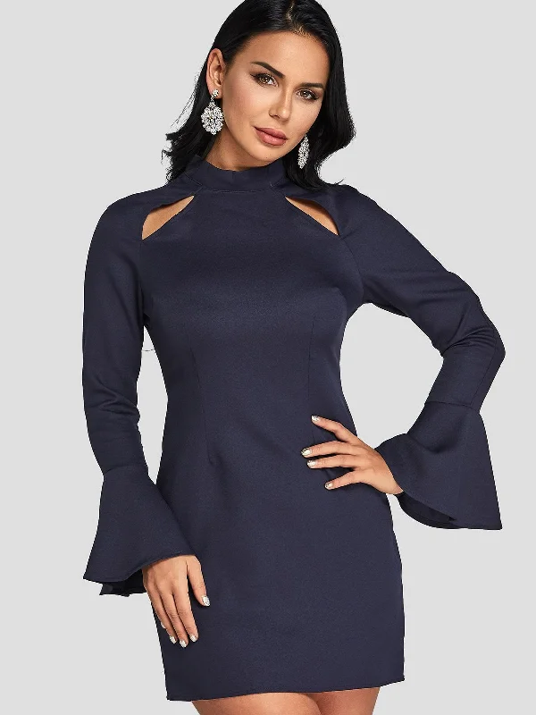 Wholesale Navy Long Sleeve Plain Cut Out Mini Dress