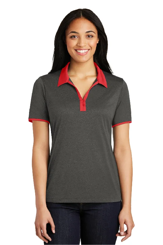 Sport-Tek Womens Heather Contender Moisture Wicking Short Sleeve Polo Shirt - Heather Graphite Grey/True Red - Closeout