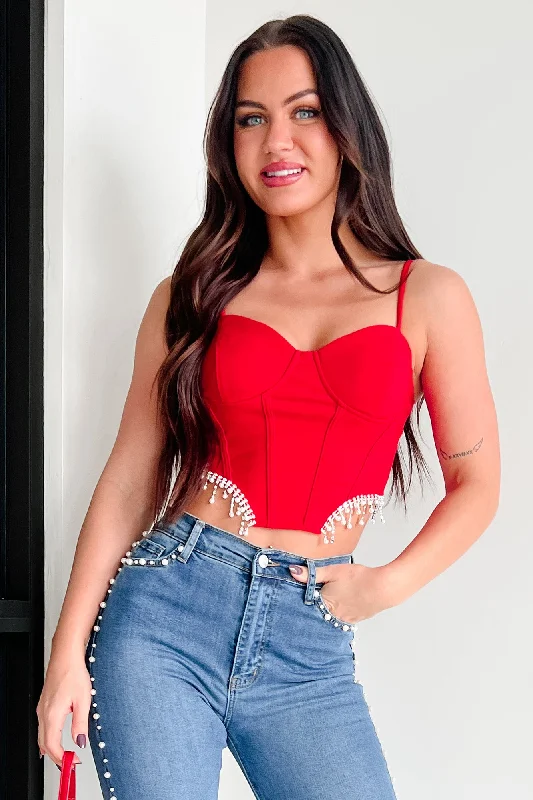 Fixed On You Rhinestone Pearl Fringe Top (Red)