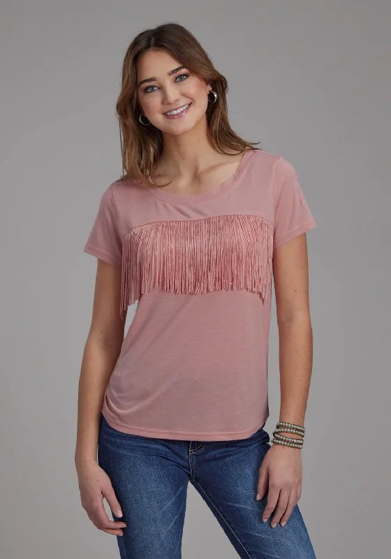 Roper Womens Front Yoke Fringe Pink Poly/Rayon S/S T-Shirt