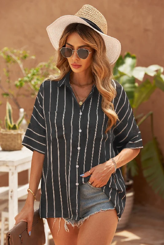 Black Striped Casual Short Sleeve Shirt with Pocket