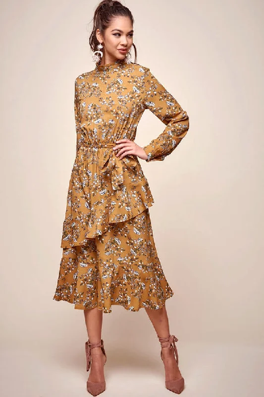 Jackson Waist Tie Bell Sleeve Dress Mustard