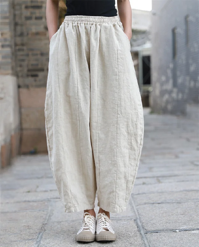 Women Loose Solid Color Vintage Ramie Harem Pants