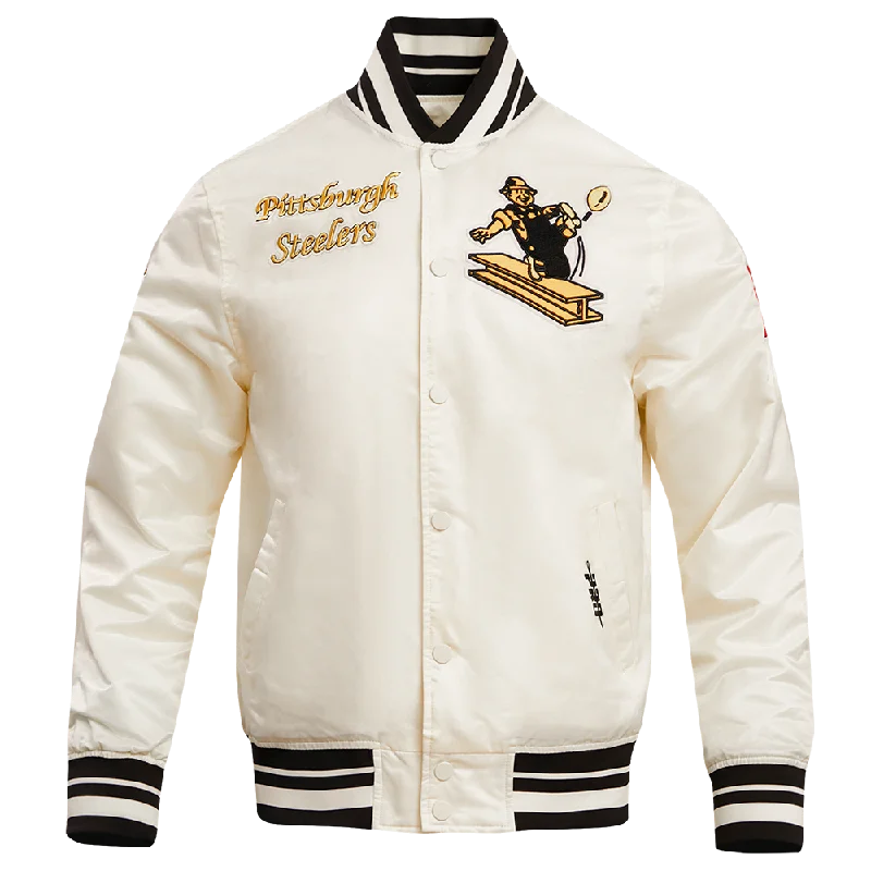 NFL PITTSBURGH STEELERS RETRO CLASSIC MEN'S RIB SATIN JACKET (EGGSHELL/ BLACK)