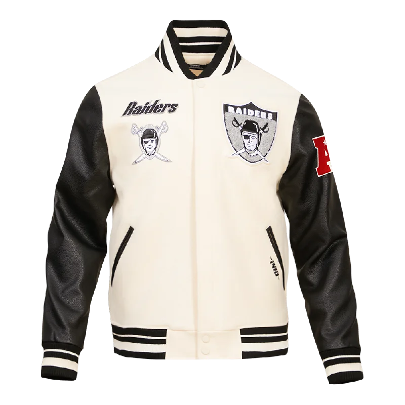 NFL OAKLAND RAIDERS RETRO CLASSIC MEN'S RIB WOOL VARSITY JACKET (EGGSHELL/BLACK)