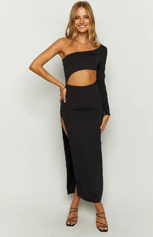 Maxine Black One Shoulder Midi Dress