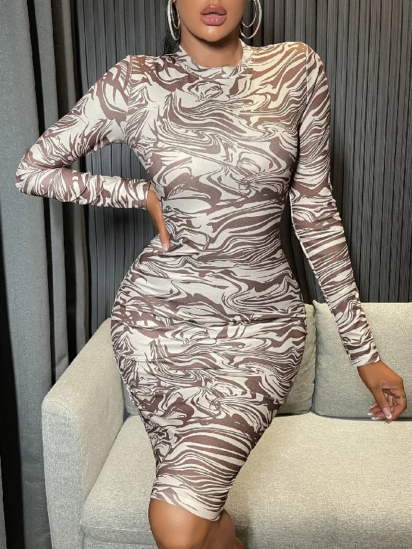 Marble Long Sleeve Round Neck Pencil Natural Knee Length Dress