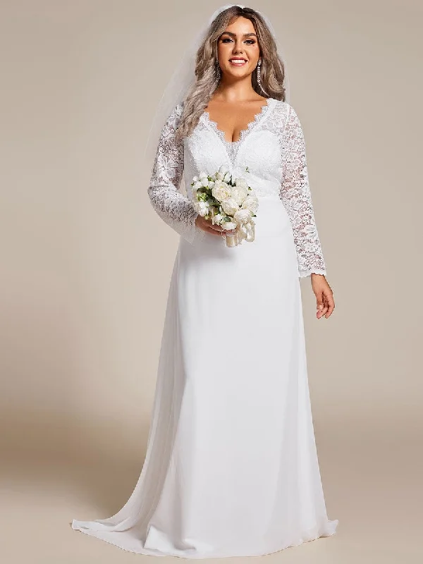 Nola | Plus Size Lace Long Sleeves Eyelash Edge Bodycon Mermaid Chiffon Wedding Dress