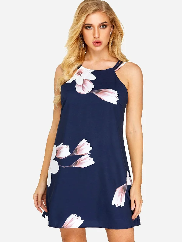 Wholesale Navy Halter Sleeveless Floral Print Backless Mini Dresses