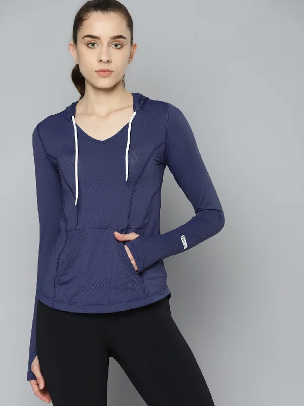 Women's Navy Blue Solid Sporty Hooded T-shirt