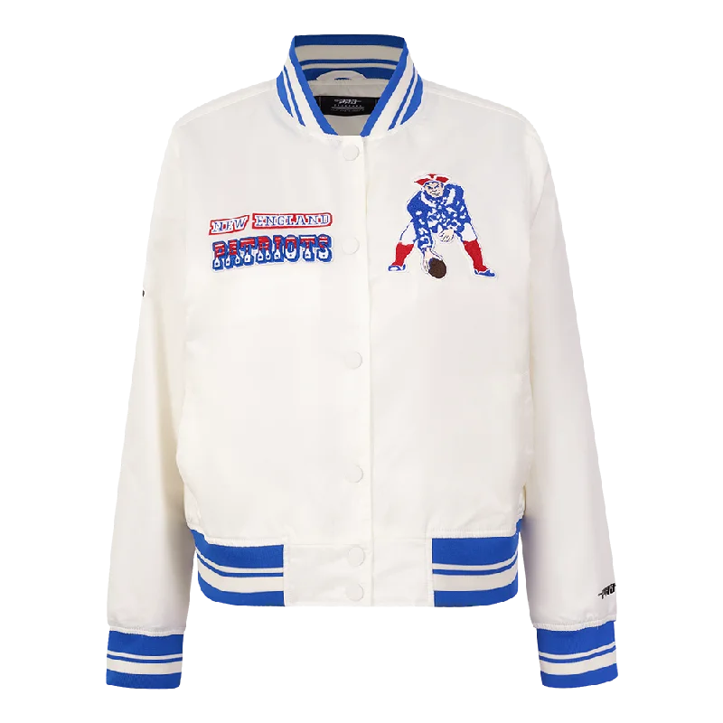 NFL NEW ENGLAND PATRIOTS RETRO CLASSIC WOMEN'S RIB SATIN JACKET (EGGSHELL/ ROYAL BLUE)