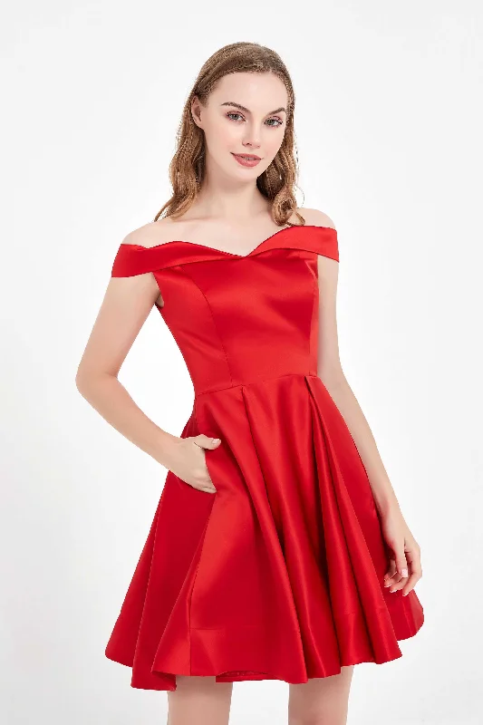 Off the Shoulder Simple Satin Short Dress with Pockets