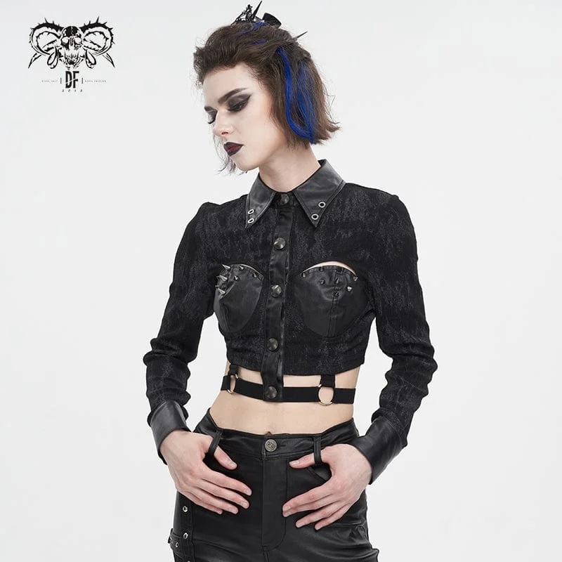 Women's Punk Turn-down Collar Cutout Studded Shirt