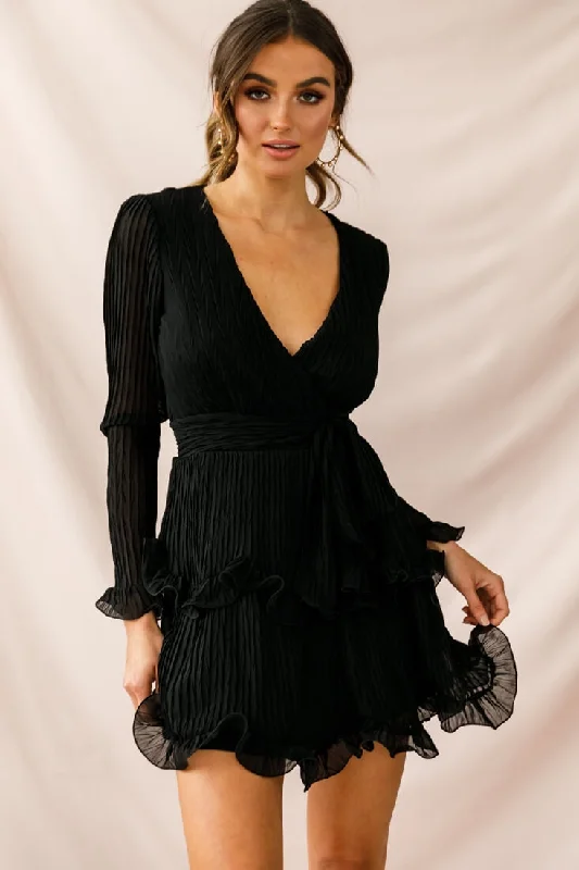 Greta Tiered Ruffle Chiffon Long Sleeve Dress Black