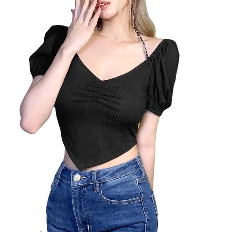 Women's Punk V-neck Backless Short Sleeved Crop Top