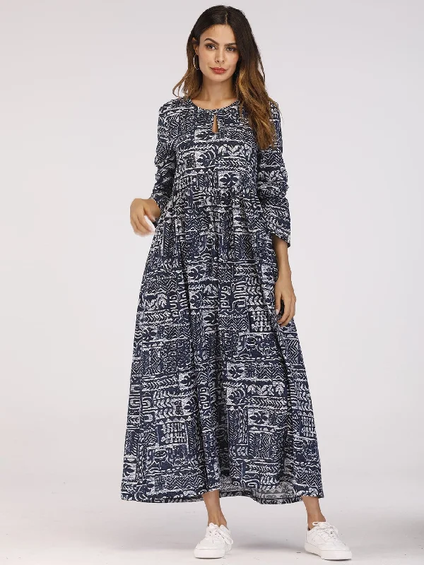 Tribal Long Sleeve Round Neck Natural Long Dress