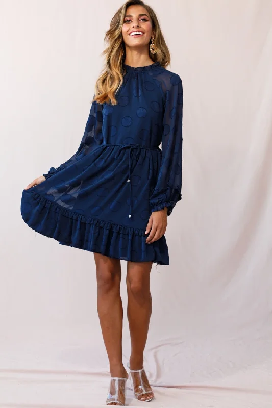 Tracee High Neckline Sheer Sleeve Polka Dot Dress Navy