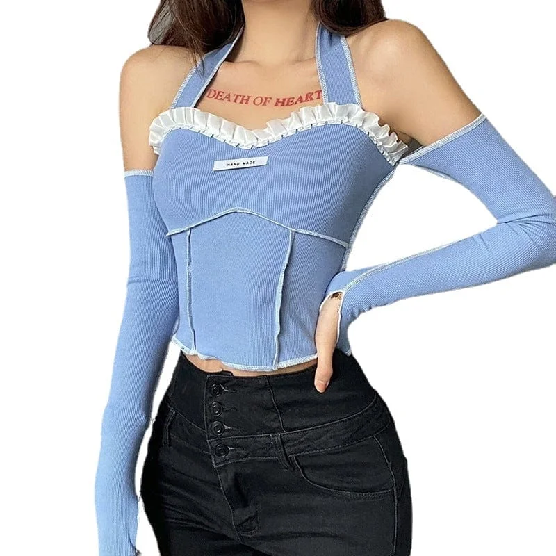 Women's Gothic Halterneck Ruffled Splice Crop Top