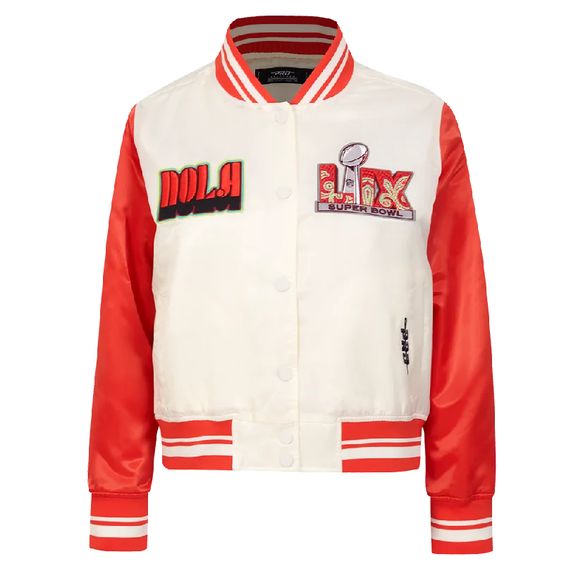 NFL SUPER BOWL 59 WOMEN'S RIB SUBLIMATED SATIN JACKET (EGGSHELL/CRAWFISH RED)