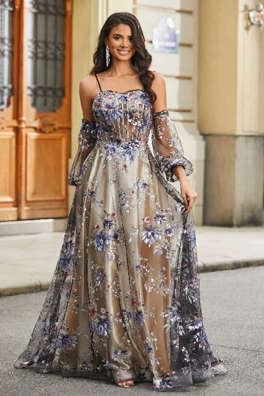 Floral Sequins Ruched Satin A-Line Tulle Dress