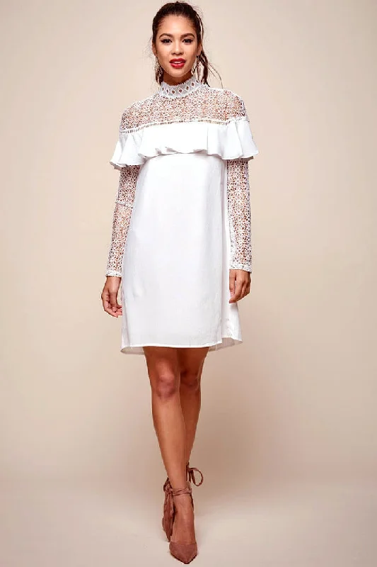 Mendes Lace Detailed High Neck Long Sleeved Dress White