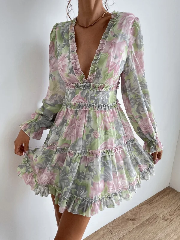 All Over Print Ruffle Hem Long Sleeve Deep V Neck Layered/Tiered High Waist Short Dress