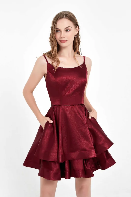 Spaghetti Straps Burgundy Satin Dress with Pockets