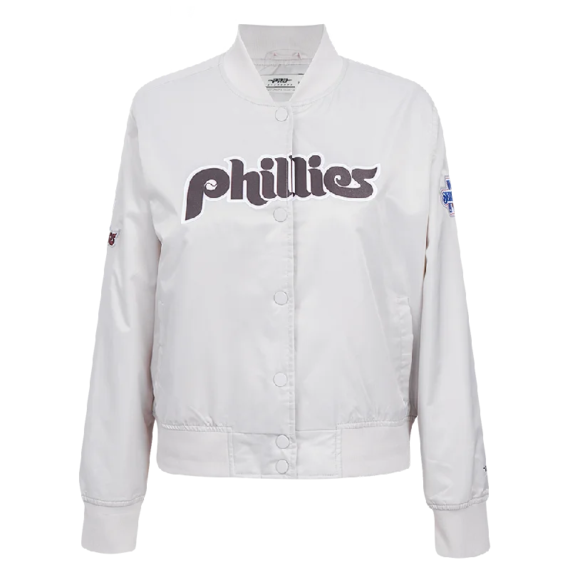 MLB PHILADELPHIA PHILLIES RETRO CLASSIC WOMEN'S SATIN JACKET (SILVER)