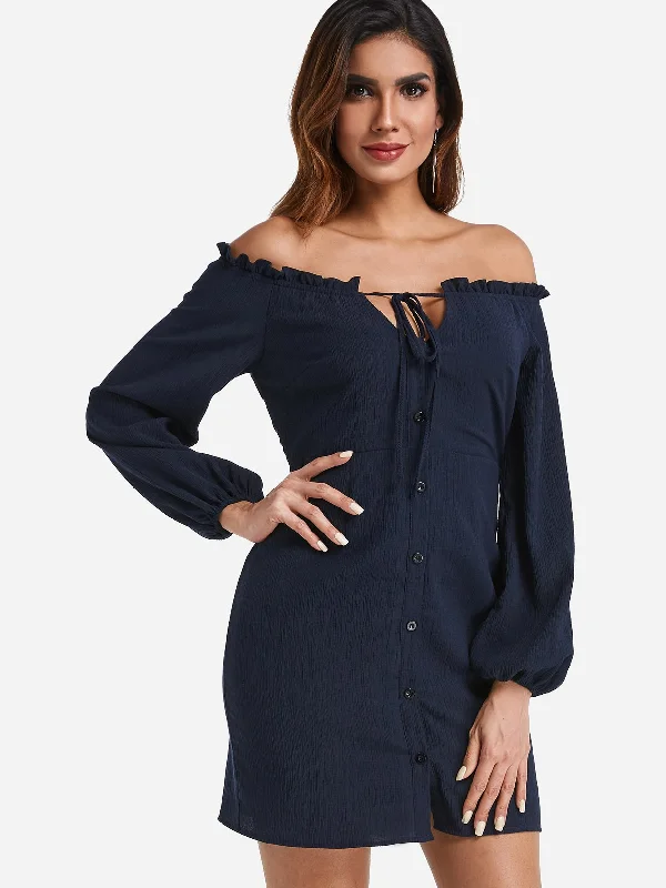 Wholesale Navy Off The Shoulder Long Sleeve Lace-Up Cut Out Mini Dress