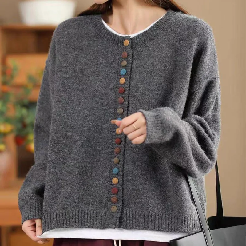 Babakud Women Autumn Wool Cotton Knitted Colorful Button Sweater