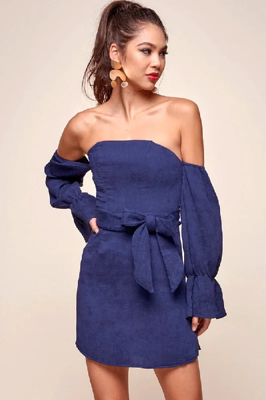 Veronica Off the Shoulder Bell Sleeve Dress Navy