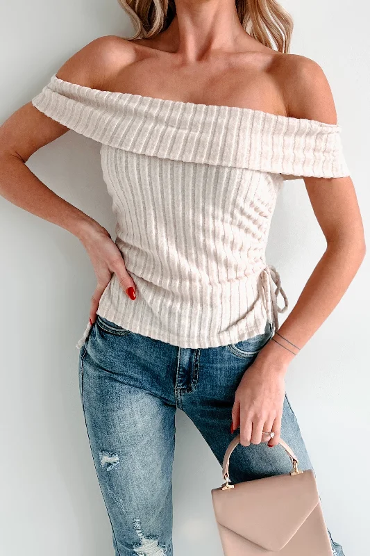 I'm Still Deciding Off The Shoulder Drawstring Side Top (Cream)