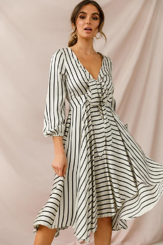 Essex Striped Bust Tie Midi Dress Beige