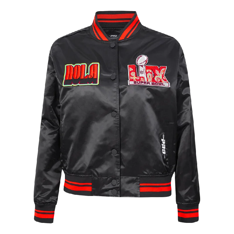 NFL SUPER BOWL 59 WOMEN'S RIB SUBLIMATED SATIN JACKET (BLACK/CRAWFISH RED)