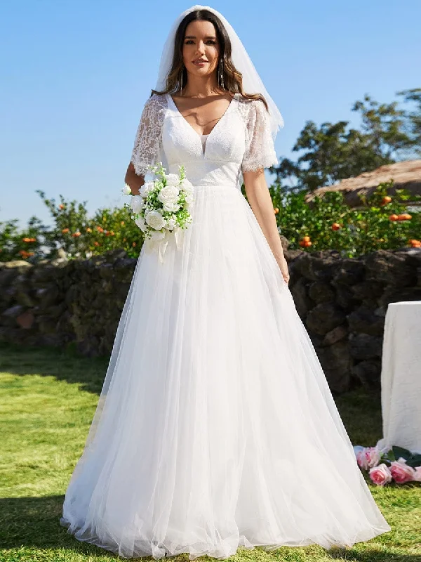 Lacy | V-Neck Tulle Wedding Dresses with Lace Short Sleeves