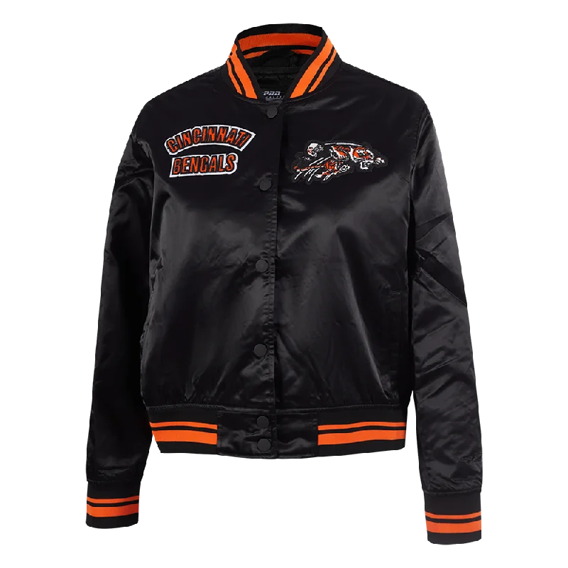 NFL CINCINNATI BENGALS RETRO CLASSIC WOMEN'S RIB SATIN JACKET (BLACK/ORANGE)