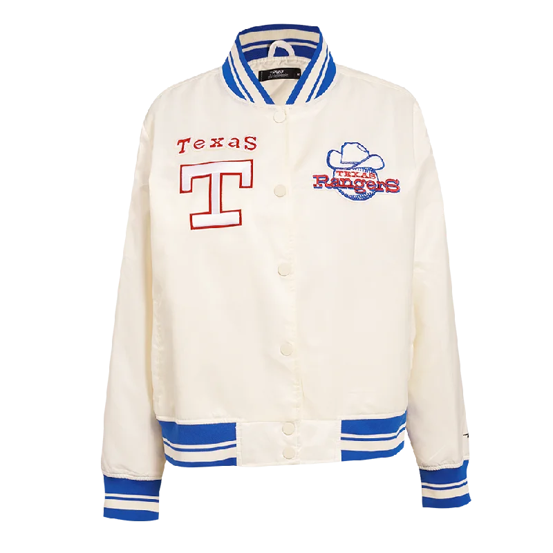 MLB TEXAS RANGERS RETRO CLASSIC WOMEN'S RIB SATIN JACKET (EGGSHELL/ROYAL BLUE)