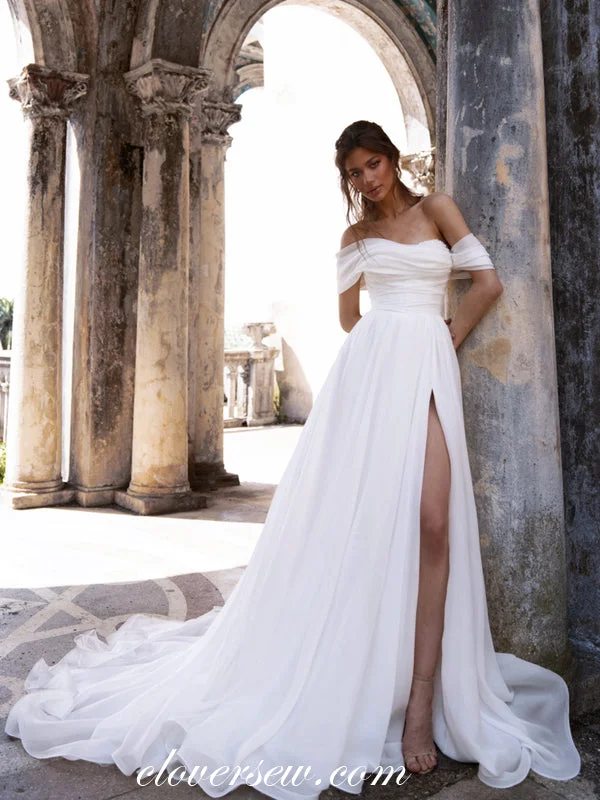 Beaded Neckline Ivory Chiffon Off The Shoulder Side Slit Wedding Dresses, CW0331