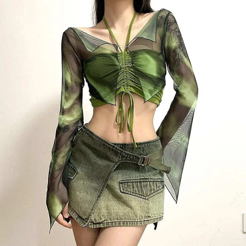 Women's Grunge Drawstring Halterneck Crop Top with Mesh Top