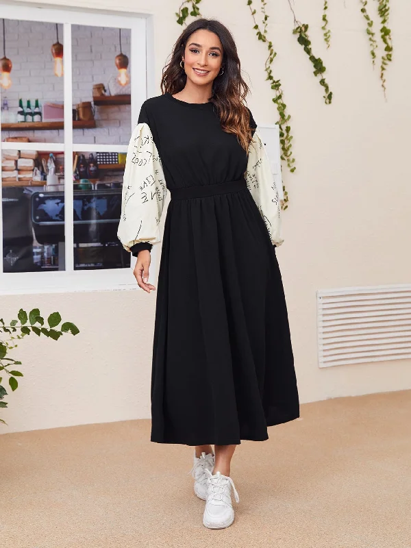 Colorblock Long Sleeve Round Neck Flared High Waist Long Dress