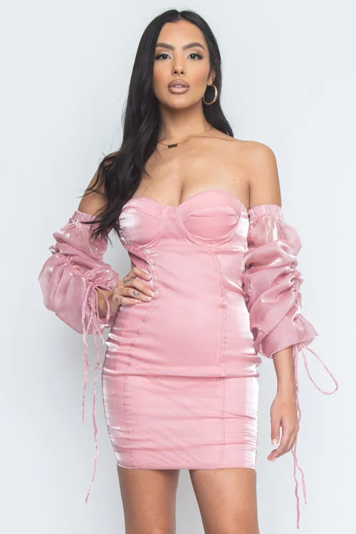 Off The Shoulder 3/4 Puff Ruched Sleeve Mini Dress In Pink (DR1790)