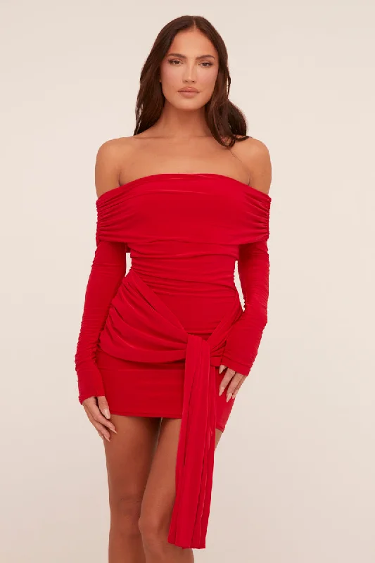 Red Bardot Tie Front Mini Dress - Teagen