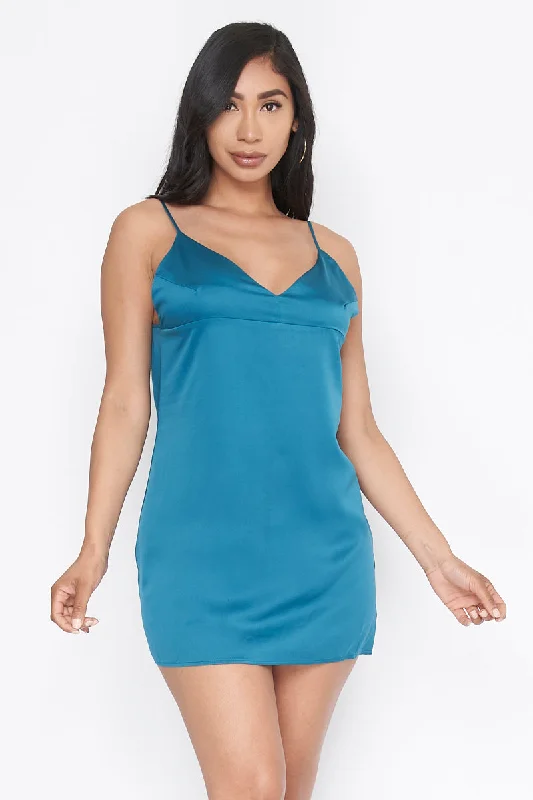 V-Neck Open Tie Back Silky Mini Dress  (D-552)